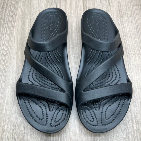Crocs Kadee II Slide Sandals Womens 11 Slip On Z-Strap Water Friendly Flat Black - Picture 4 of 9